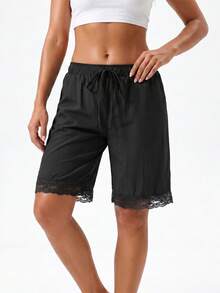 Women's Fashion Shorts Lace Trim Drawstring Elastic Waist Short Pants Summer Casual Shorts - Negro - Ver 5