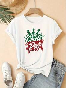 Women's Printed T-Shirt, Casual, Holiday, Short Sleeve, Round Neck, Spring And Summer, Machine Washable, New Women's Clothing, Versatile For Street Wear, Size S - 白色 - 查看 1