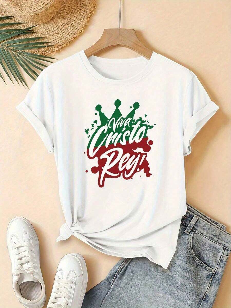 Women's Printed T-Shirt, Casual, Holiday, Short Sleeve, Round Neck, Spring And Summer, Machine Washable, New Women's Clothing, Versatile For Street Wear, Size S - 白色 - 查看 1