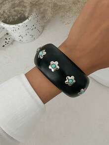 1pc Rustic Style Geometric Exaggerated Inlaid Faux Turquoise Flower Charm Jewelry Wooden Cuff Bracelet, Luxurious & Elegant, Suitable For Wedding, Banquet, Vacation, Party, Daily Casual, Street Style, Women, Couples, Holiday, Birthday, Versatile Gift - Bracelet - View 15