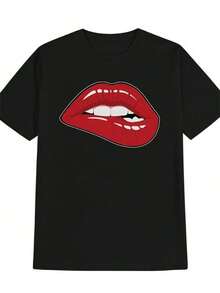 Camiseta Casual Estampada para Mujer - Diseño de Labios Rojos Atrevidos y Dientes Blancos, Cuello Redondo, Manga Corta de Verano, Lavable a Máquina, Corte Regular, Tela Cómoda y Transpirable, Diseño Estilo Urbano, Regalo de Moda Único, Camiseta Divertida Estampada, playeras de mujer - Negro - Ver 2