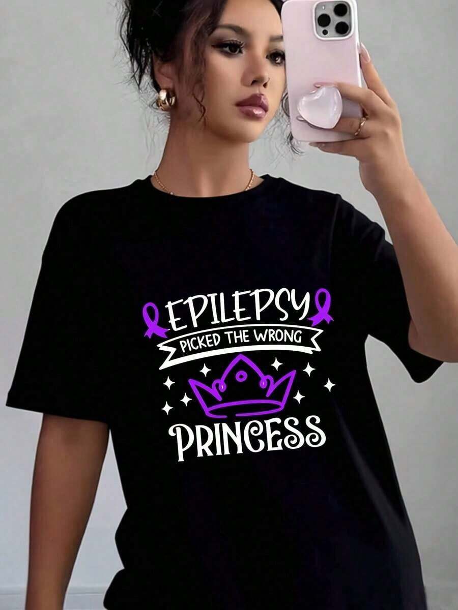 Women's Casual T-Shirt With Crown Print And Purple Ribbon 'Epilepsy Chose The Wrong Princess', Soft And Comfortable, Gift For Epilepsy Awareness Day, Birthday, Christmas - 黑色 - 查看 1