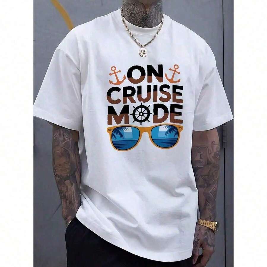 Men's Cruise Mode Graphic Tee - Black With Blue Anchor And Sunglasses Print, Summer Vacation And Travel Tee, Casual Short Sleeve, Regular Fit, Perfect For Beach And Pool, 2COP TLZE Holiday Tee - 白色 - 查看 1