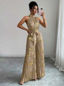 Mono de pierna ancha elegante y romántico con cuello de volantes sin mangas para mujer, ideal para Halloween - Caqui - Ver 4