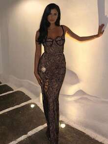 Vestido Largo Encaje Tirantes Hombros Descubiertos Ajustado Estilo Elegante Nueva Llegada - Negro - Ver 4