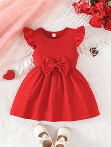 Set de 2 piezas con parte superior de manga corta con estampado de mariposa y cuello redondo, y pantalones cortos acanalados lisos, conjunto lindo para primavera/verano para bebé y niño pequeño - Rojo - Ver 8
