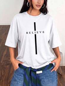 Camiseta de manga corta con cuello redondo y estampado de letras para mujer, corte regular, estilo holgado, versátil, casual, nueva para el verano - alta calidad - Blanco - Ver 4