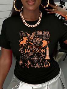 Pure Cotton T-Shirt, 2026 Style, With Mythological Symbols And New York Icons, Graphic Design For Fans Of The Series, Orange And Black Print On White Cotton T-Shirt - Vintage T-Shirt. - 黑色 - 查看 2