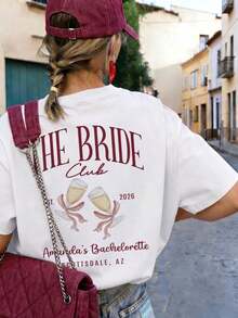 American Retro Style Short-Sleeved T-Shirt With Prints On The Front And Back, Round Neck, Loose Fit, Suitable For Bachelorette Parties, Casual Top With Letter And Wine Glass Prints, Summer White Color, 100% Cotton. - 白色 - 查看 3