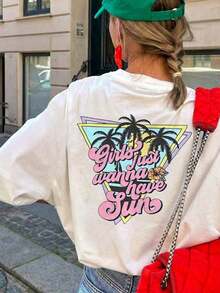 Camiseta para mujer cuello redondo, manga corta estilo verano con estampado divertido de letras, palmeras triangulares y flores.Corte suelto cómodo, muy versátil para playa, calle, uso diario, trabajo, reuniones y vacaciones color blanco KLPV - Blanco - Ver 4