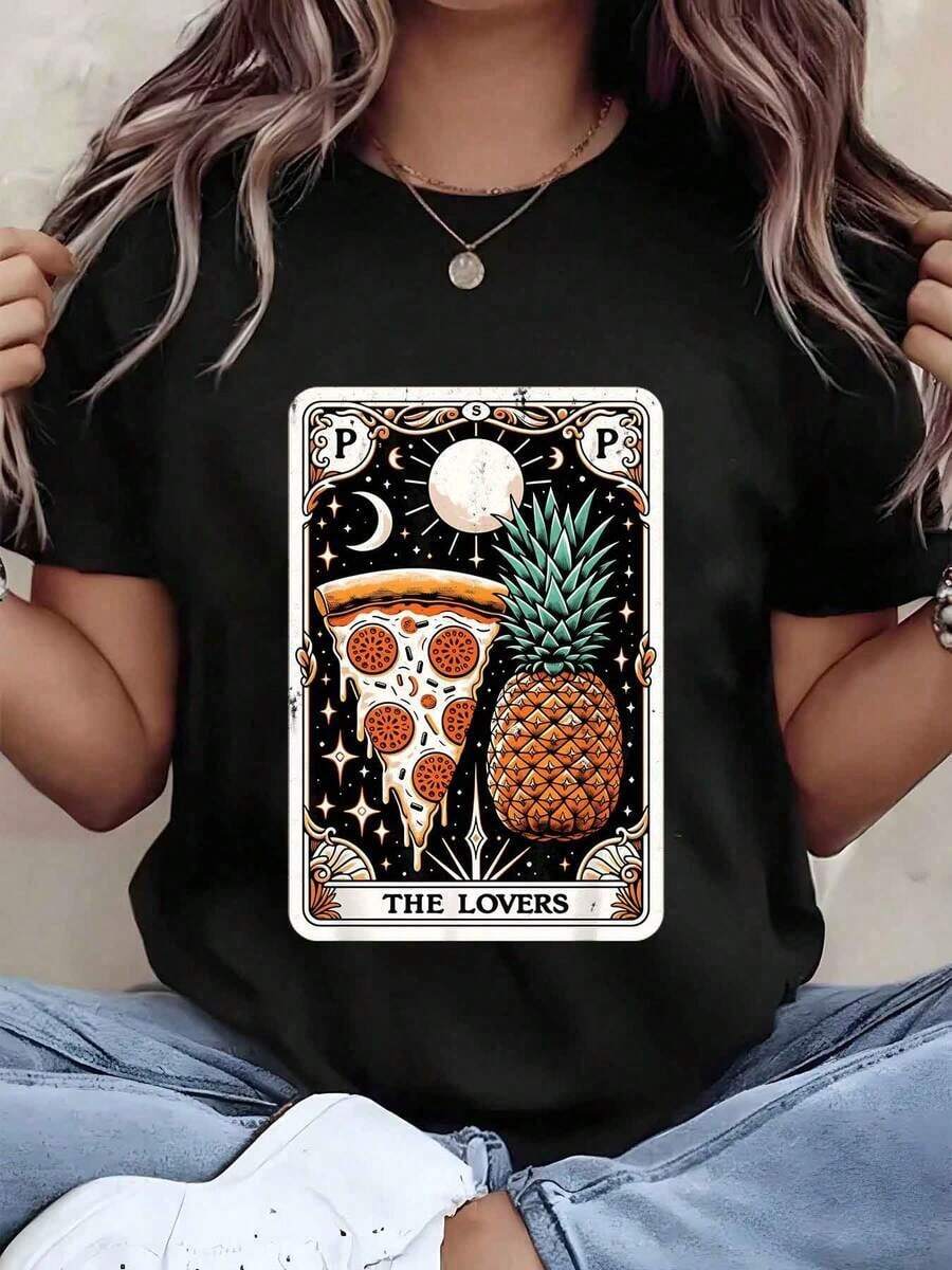 Under The Radar Women's T-Shirt With Pizza, Pineapple And Lovers Tarot Card Print, Crew Neck, Casual Summer Style, Gift - Vintage Urban Style, Unisex, Cotton, Short Sleeve, Crew Neck - 黑色 - 查看 1