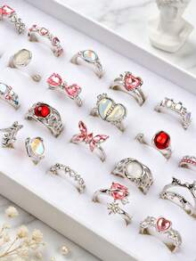 10Pcs/Lot Exquisite Fashion Pink Rhinestone Women's Rings, Elegant Butterfly Heart Jewelry Accessories For Romantic Dates Daily Wear Gift(No Box) - 10-piece Pink Rhinestone Cat's Eye Ring - View 3