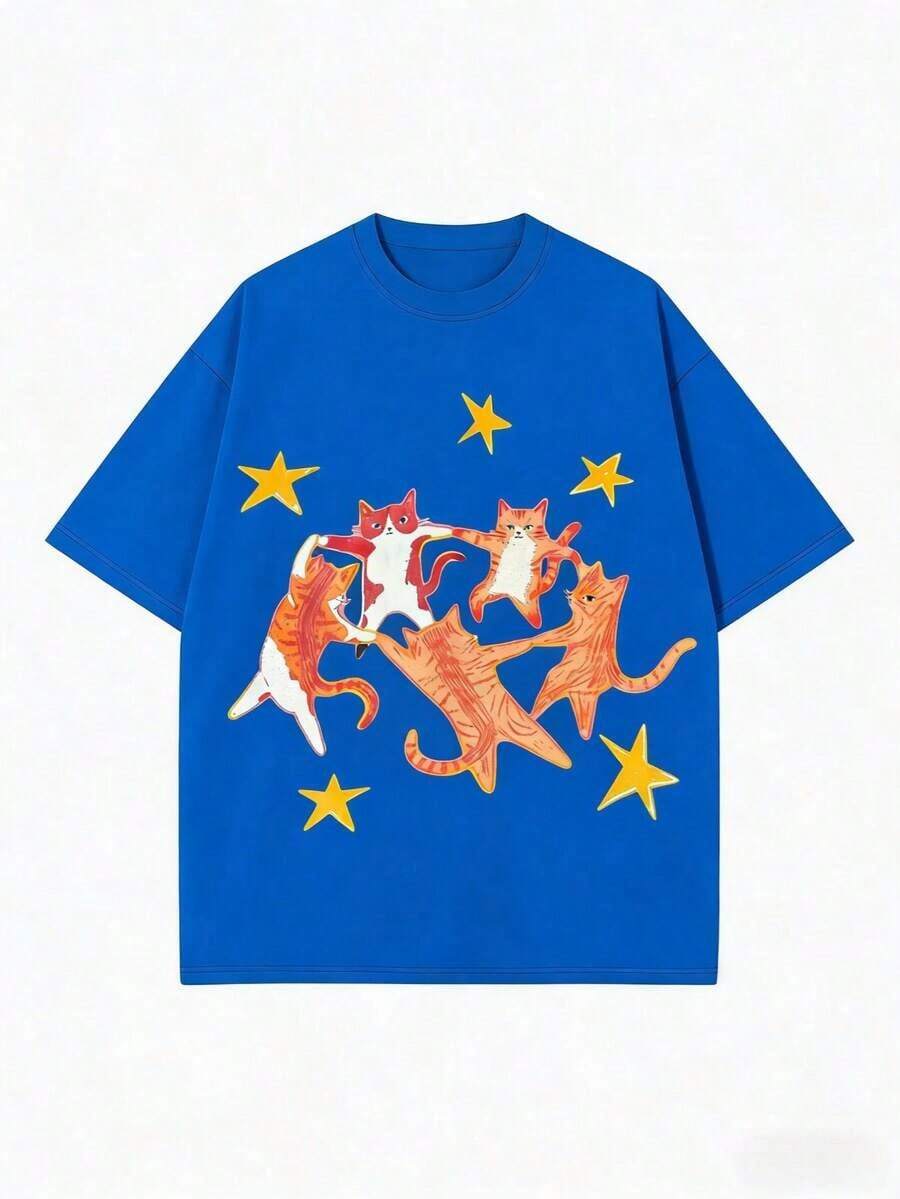 Mexican Basic Summer T-Shirt, Y2K Style, New Hip-Hop With Dancing Cat And Star Print, Unisex Retro T-Shirt, Cool, Versatile, Comfortable And Loose Fit, Short Sleeve Summer T-Shirt 2P7U-Vintage Street Style Unisex Loose Cotton Short Sleeve Crew Neck T-Shirt New Launch - 藍色 - 查看 1