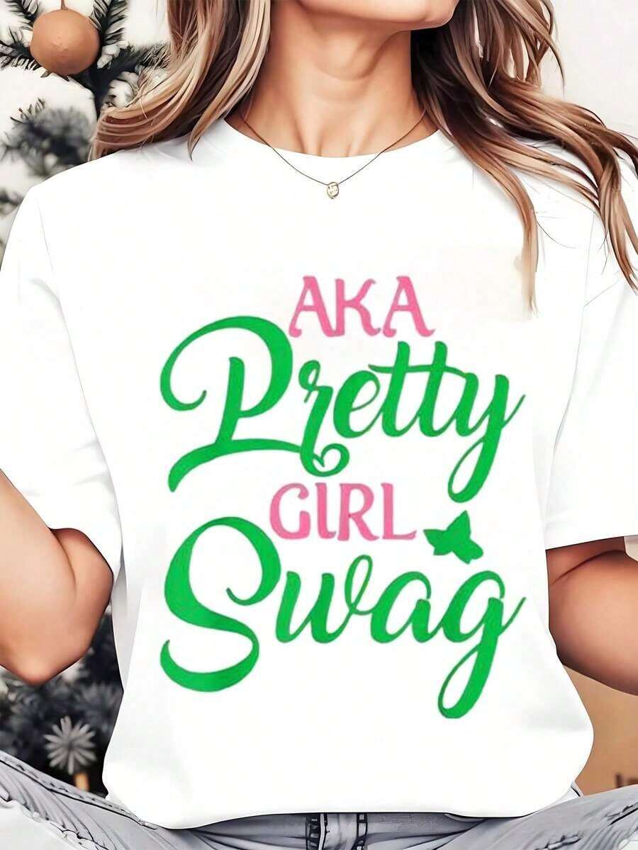 Soft, Breathable, And Lightweight For All-Day ComfortWomen Round Neck T Shirt Aka Pretty Girl Swag Print Casual Wear For Holiday Christmas 220gClassic Crew Neck With A Relaxed Fit That Flatters All Body Shapes And Easy To Pair With Jeans, Shorts, And Leggings. - 白色 - 查看 1