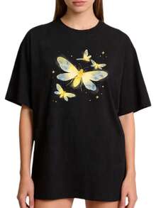 Camiseta básica de cuello redondo con estampado de mariposas de primera calidad para mujer, tallas S-2XL, 100% de color sólido, disponible en negro y blanco, ropa casual de verano, adecuada para familias y parejas, un regalo perfecto para el Día de la Madre para mamá, familiares y amigos cercanos, ecológica. - Negro - Ver 7
