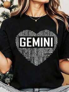 Suave, transpirable y ligera para comodidad durante todo el día. Camiseta de cuello redondo para mujer con estampado artístico del signo zodiacal Géminis, ideal para uso casual en Navidad y días festivos, 220g. Cuello redondo clásico con un corte relajado que favorece todas las formas del cuerpo y es fácil de combinar con jeans, shorts y leggings. - Negro - Ver 12