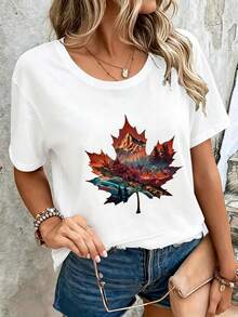 Limited Time Offer, Limited Quantities, Flash ! Women's Casual Shirts, Women's Polyester T-Shirts, Stylish Shirts. Women's Casual V-Neck T-Shirt With Vibrant Maple Leaf And Autumn Mountain Print - Soft And Breathable Short-Sleeve Top For Spring, Summer, And Fall, Machine Washable, Nature-Inspired Design, Comfortable T-Shirt, Seasonal Fashion, Relaxed Fabric, Easy Care T-Shirt, Relaxed Outfit, For Comfort Lovers - 白色 - 查看 11