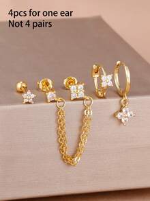 4PCS New Design Stainless Steel Chain Stud Earring Set For Women Zirconia Flowers And Leaf Cartilage Ear Stud Piercing Jewelry - 1-gold-4PCS - View 5