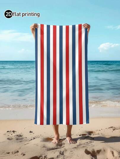 1 stuk retro strandhanddoek in Amerikaanse stijl met rood, wit en blauw gestreept patroon, groot formaat, zachte, absorberende gestreepte strandhanddoek, geschikt voor reizen, vakantie, sport, badkamer, zwembad en kamperen, sterk absorberend.