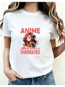 Camiseta estampada para mujer - camiseta casual de manga corta y cuello redondo con gráfico de anime colorido y texto. Corte relajado, para todas las estaciones, perfecta para uso diario y atuendos de vacaciones (lavable aáquina). - Blanco - Ver 1