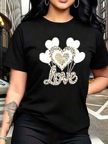 Women's Casual Printed T-Shirt With Black Heart And Leopard Print, Women's Summer Casual Blouses, Soft And Breathable Loose Fit Cotton Top For Women (Plus Size Options Available), Women's Summer Clothing - 黑色 - 查看 7