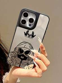 Sleek Mirror-Back Urban Streetwear Cartoon Print Phone Case, Edgy & Minimalist Aesthetic Shockproof Protective Cover, Compatible With IPhone/Galaxy - Multicolor - View 3