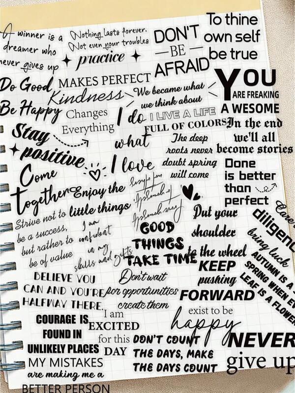50pcs Waterproof Transparent Motivational English Phrase Stickers, Suitable For Water Bottles, Skateboards, Guitars, Luggage, Refrigerators, Desktops, Walls, Notebooks, Laptops, Phone Cases, Decorative For Back To School, Birthday Party, Holiday Gifts