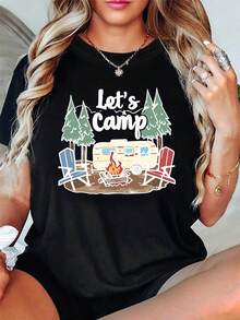 Women's Short-Sleeved, Round-Neck T-Shirt, Ideal For Spring And Summer, With A Print Of Camping Vehicles, Campfires And Pine Trees That Says 'Let's Camp' - Black - View 1