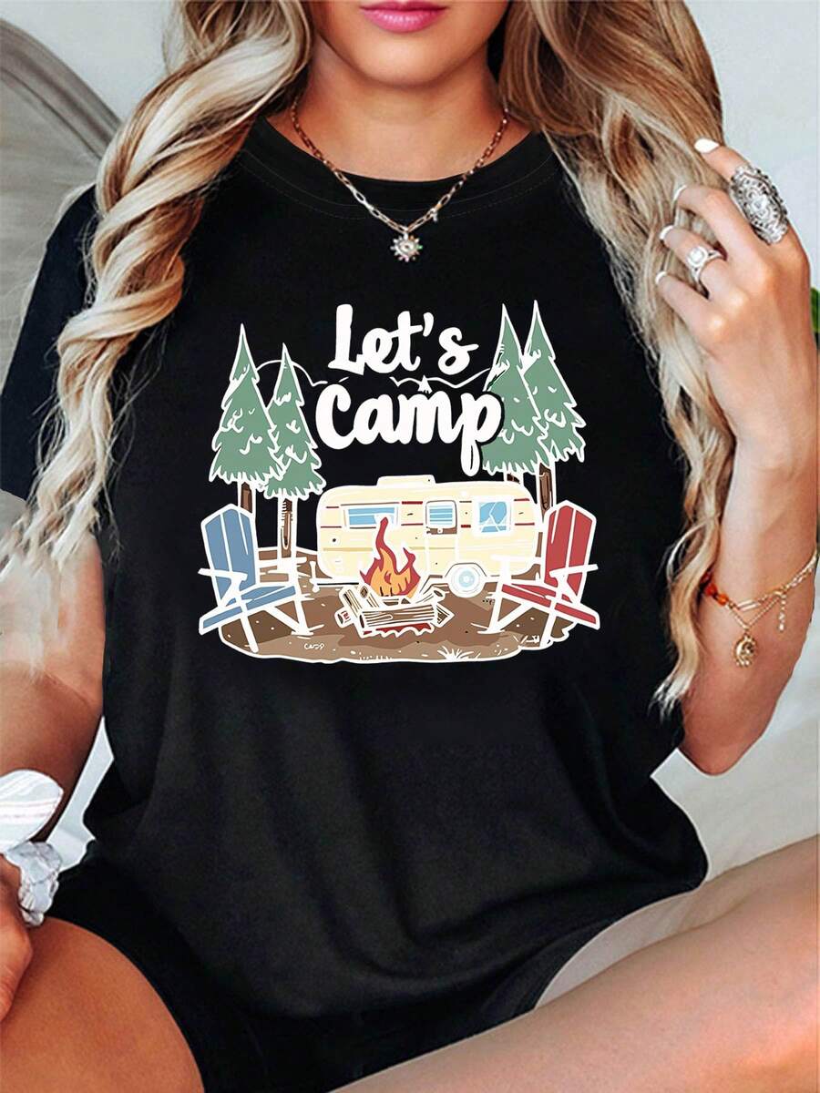 Women's Short-Sleeved, Round-Neck T-Shirt, Ideal For Spring And Summer, With A Print Of Camping Vehicles, Campfires And Pine Trees That Says 'Let's Camp' - Black - View 1