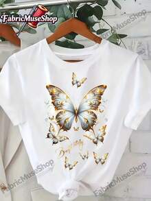 1 pieza de camiseta de mujer con cuello redondo y estampado de dibujos animados con letras a la moda |   Cómodo y transpirable, adecuado para uso diario casual y multifuncional, con un estilo natural y elegante, perfecto para fiestas de verano, entrega local, 180g 100% algodón. - Negro - Ver 7