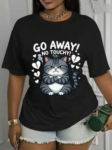Camiseta Estampada para Mujer con Gato Gruñón - Camiseta Casual de Manga Corta y Cuello Redondo en Negro con Divertido Diseño de Gato y Texto ¡VETE! Con un Corte Relajado para Todas las Estaciones, la Elección Perfecta Tanto para el Uso Diario Como para Tus Atuendos de Vacaciones (Lavable aáquina). - Negro - Ver 1