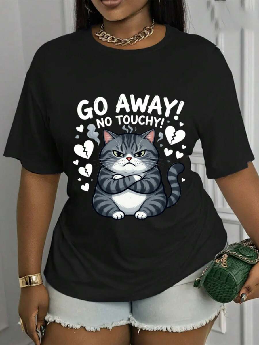 Camiseta Estampada para Mujer con Gato Gruñón - Camiseta Casual de Manga Corta y Cuello Redondo en Negro con Divertido Diseño de Gato y Texto ¡VETE! Con un Corte Relajado para Todas las Estaciones, la Elección Perfecta Tanto para el Uso Diario Como para Tus Atuendos de Vacaciones (Lavable aáquina). - Negro - Ver 1
