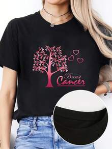 1 Piece Of Spring/Summer Casual T-Shirt With "Pink October" Letter Print, Round Neck, Short Sleeve, Sports T-Shirt, Women's Top, 180g 100% Cotton. - 白色 - 查看 6