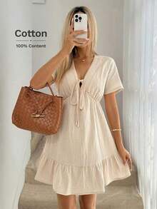 Vestido paraguas con cuello en V, lazo en los hombros, mangas caídas, cintura fruncida, volantes en el bajo, de doble capa con textura de crepé 100% algodón, casual, relajado, elegante, para uso diario, vacaciones, primavera y verano para mujer - Gris - Ver 12