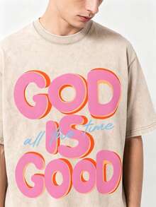 Men's God Is Good Distressed Graphic Tee, Oversized Crew Neck Short Sleeve Vintage Wash T-Shirt, Unisex Boyfriend Fit - 杏色 - 查看 3
