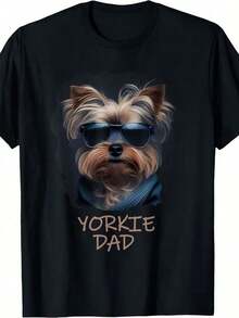 Funny Yorkie Dad Graphic T-Shirt, Soft And Breathable, Crew Neck, Printed, Short Sleeve, Casual For Everyday Wear, Great Gifts For Friends And Family, 100% Cotton T-Shirts, Youthful And Fashionable Design, Casual Blouses For Women - 黑色 - 查看 1