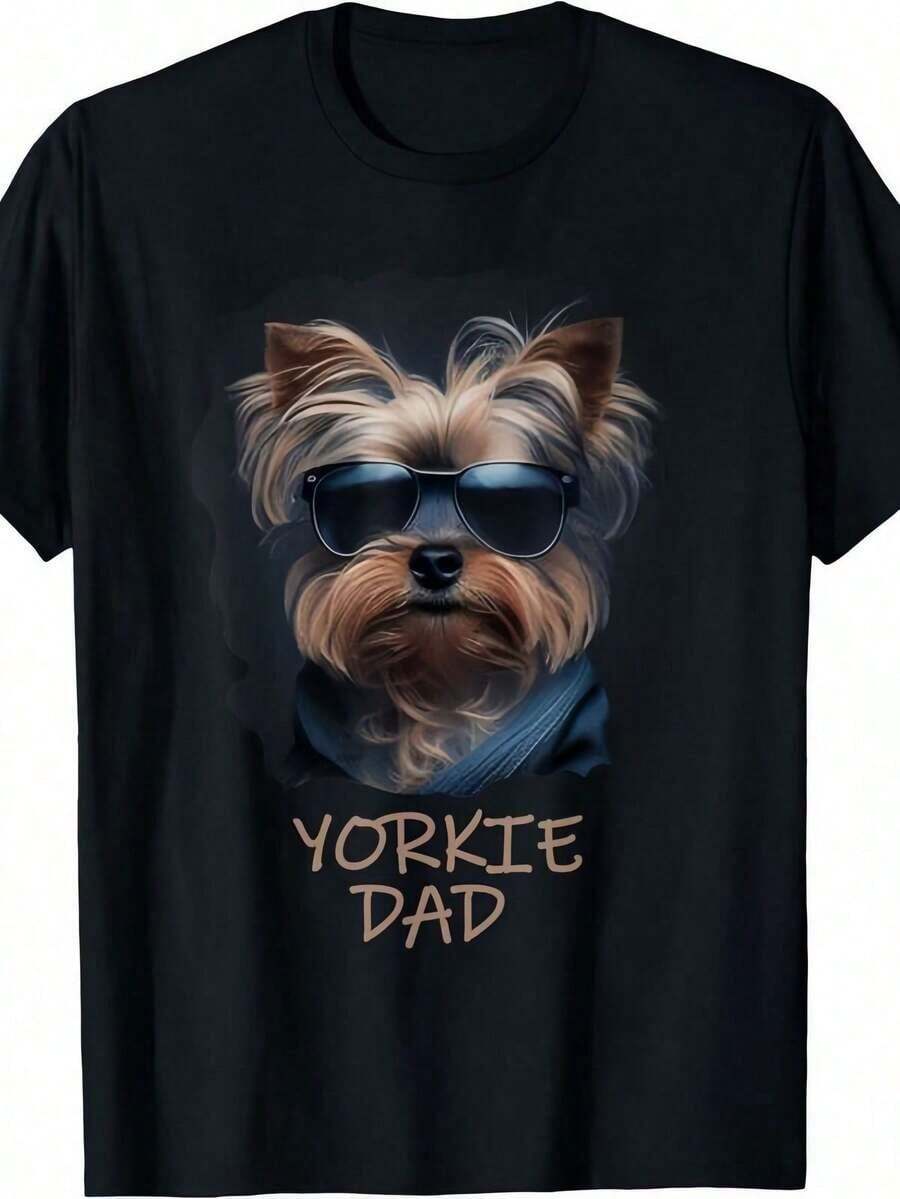 Funny Yorkie Dad Graphic T-Shirt, Soft And Breathable, Crew Neck, Printed, Short Sleeve, Casual For Everyday Wear, Great Gifts For Friends And Family, 100% Cotton T-Shirts, Youthful And Fashionable Design, Casual Blouses For Women - 黑色 - 查看 1