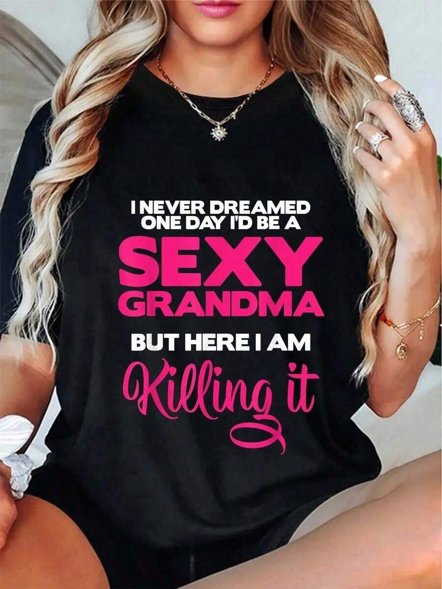 Manga corta, conjuntos de verano para mujer, 100% algodón, camiseta con estampado divertido "Soy una abuela sexy, ¡lo hago todo bien!", conjunto familiar a juego, camiseta gráfica para mujer y hombre, camisa casual de manga corta, tops de mujer vintage. - Negro - Ver 1