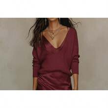 Women's Knit Sweater And Satin Slip Dress Two-Piece Set With - 酒紅色套裝 - 查看 4