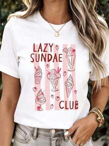 Women's Plus Size Casual Short Sleeve T-Shirt, White, With Lazy Sundae Club Ice Cream Print, Summer Top For Everyday Wear And Holiday Outfits, 100% Cotton - 白色 - 查看 6