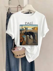 Persistencia de la Memoria de Dalí, Gato , Ropa de Primavera y Verano para Mujer con Elementos de Arte Surrealista Estampados, Camiseta de Cuello Redondo Versión Combinada, Adecuada para el Ocio Diario, Nuevo Modelo 2026 - Blanco - Ver 2