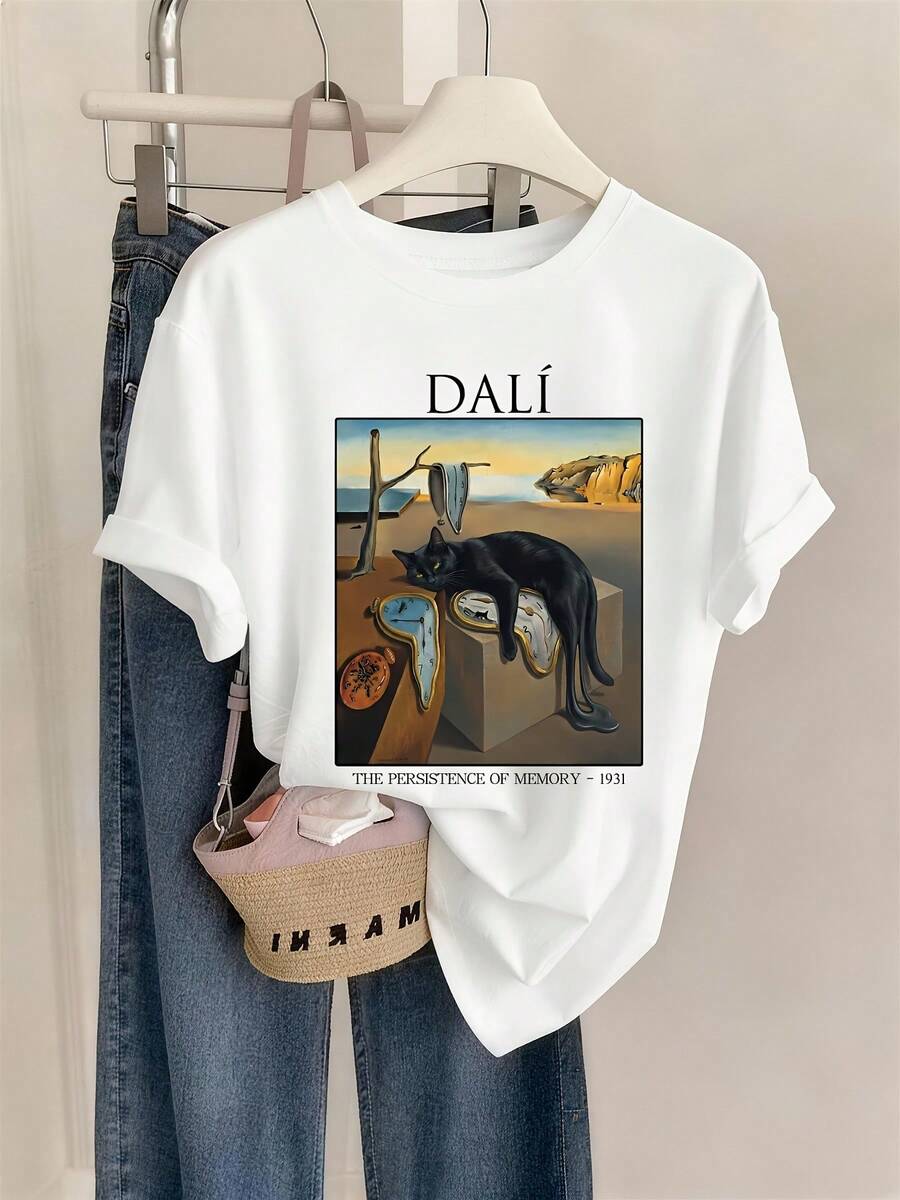 Persistencia de la Memoria de Dalí, Gato , Ropa de Primavera y Verano para Mujer con Elementos de Arte Surrealista Estampados, Camiseta de Cuello Redondo Versión Combinada, Adecuada para el Ocio Diario, Nuevo Modelo 2026