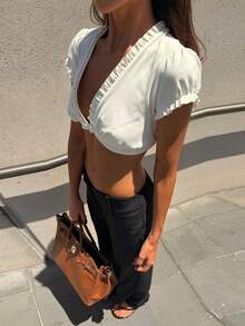 Women's White Cropped Knit Top, Deep V-Neck Design With Ruffle Trim, Short Sleeve, Casual & Fashionable - White - View 7
