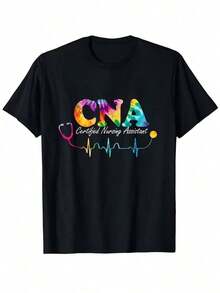 Camiseta ligera de mujer con estampado tie-dye para enfermeras CNA, cuello redondo y manga corta para el verano, ropa para vacaciones de verano, adecuada para festivales y uso diario, transpirable y cómoda. - Negro - Ver 1