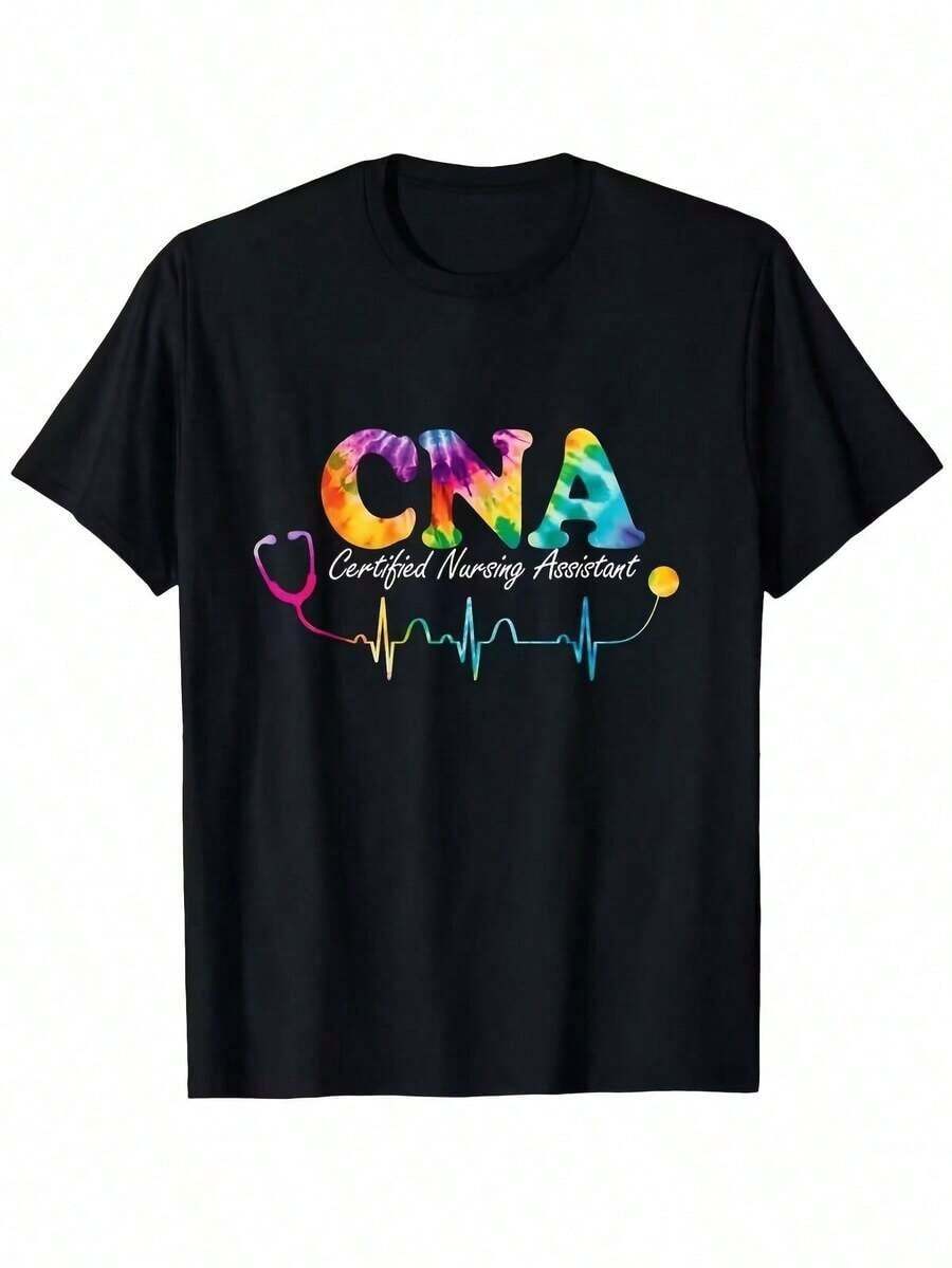 Camiseta ligera de mujer con estampado tie-dye para enfermeras CNA, cuello redondo y manga corta para el verano, ropa para vacaciones de verano, adecuada para festivales y uso diario, transpirable y cómoda. - Negro - Ver 1