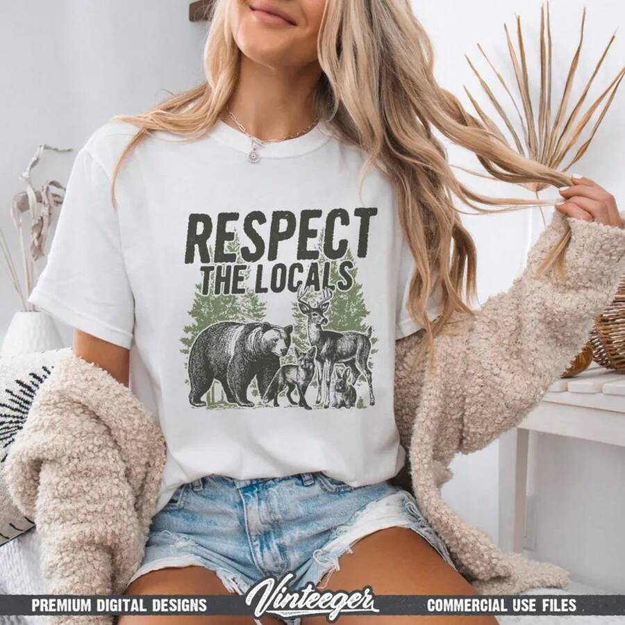 Respect The Locals - Retro Camping Digital Design - Hiking T-Shirt Graphic - Forest Animal Printable Design - Adventure Sublimation - 白色 - 查看 1
