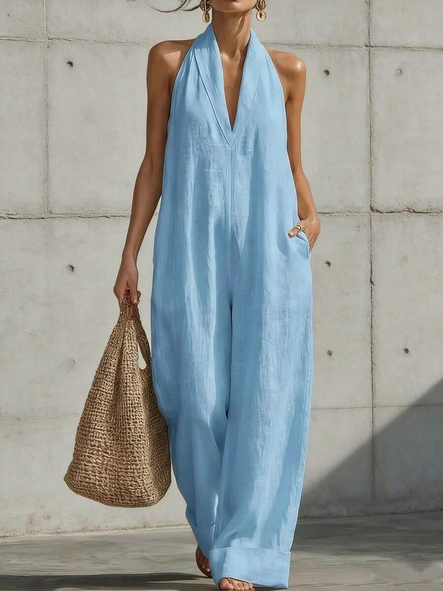Women's Casual Sleeveless Jumpsuit Spring-Summer 2026, European American Minimalist And Elegant Style In Cotton Linen Fabric - 天藍色 - 查看 1