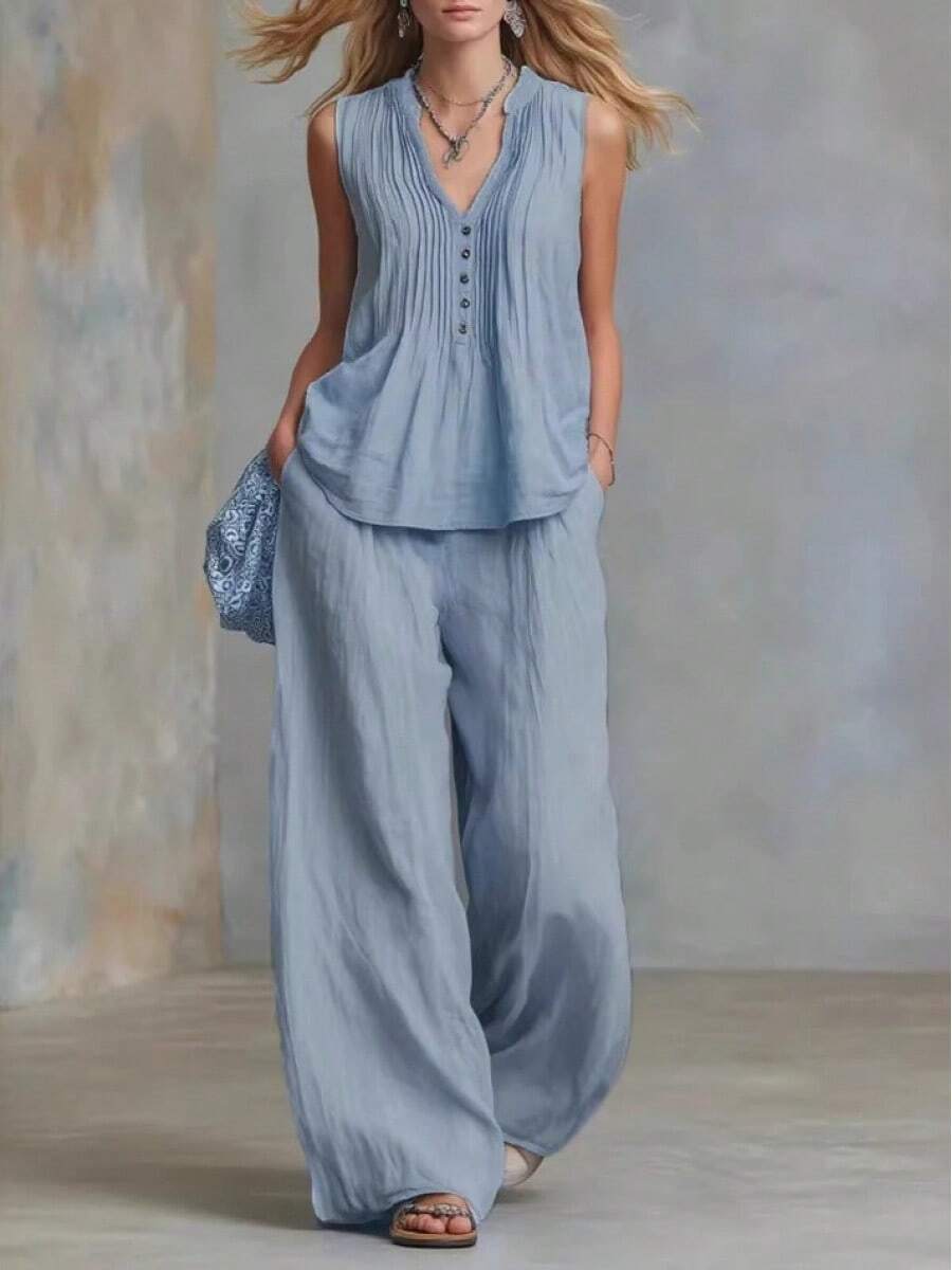 Conjunto Dos Piezas Estilo Europeo Americano 2026 para Mujer, Top Sin Mangas Holgado con Fruncido Cuello V Color Sólido y Pantalones Casuales - Azul cielo - Ver 1