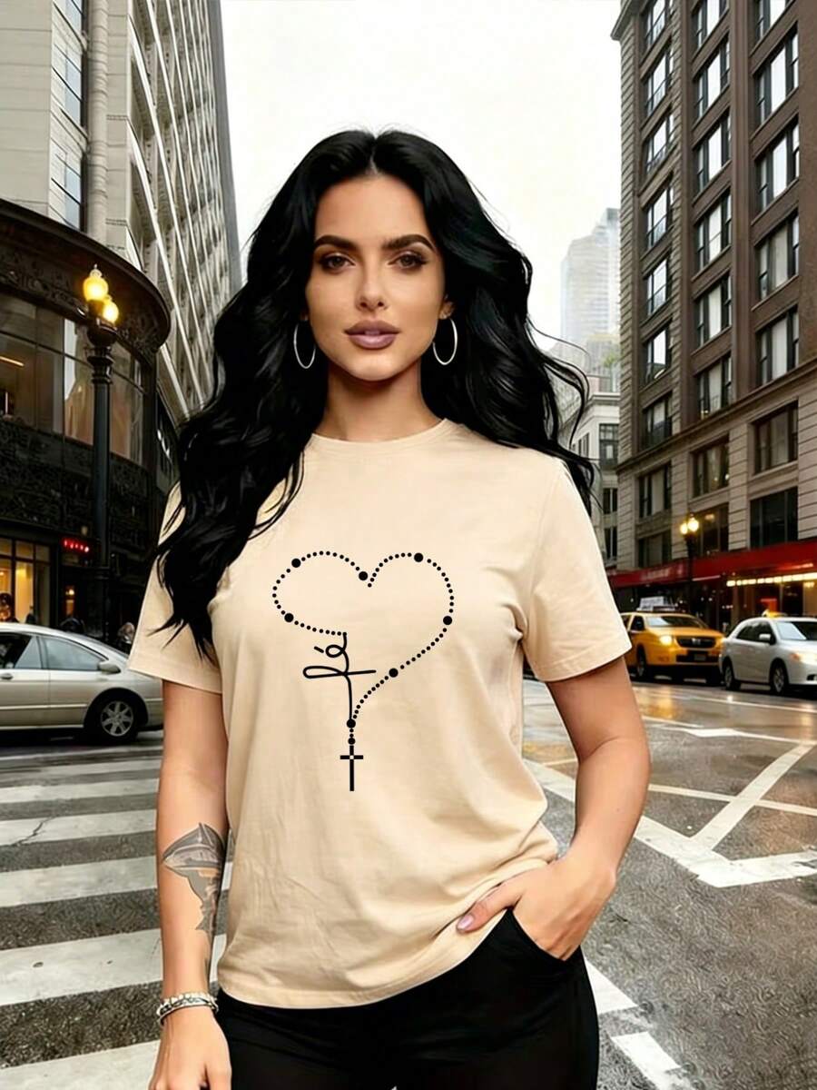 Women's Casual Blouse, Simple Style For Everyday Wear. Design With A Rosary And Heart-Shaped Cross Pattern, Simple And Elegant. Short-Sleeved, Round-Neck Athletic T-Shirt With A Unique Print, Fashionable And Comfortable For Women. - 杏色 - 查看 1