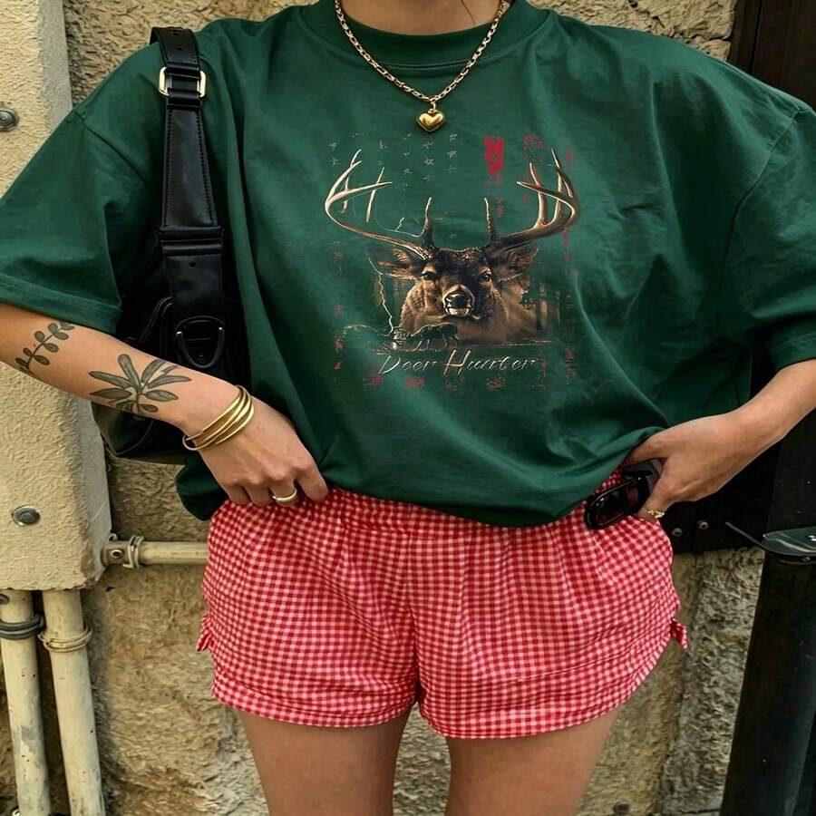 Heartfelt Daily Casual Graphic T-Shirt 100% Cotton Oversized Soft Breathable Casual Crewneck Short Sleeve Top Vintage Aesthetic Red Checkered Shorts Street Style Fashion Lovers Casual Wearers Daily Outfit Enthusiasts Gift Givers - 綠色 - 查看 1